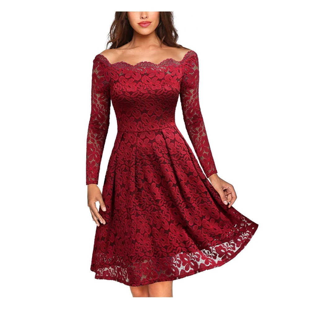 Vintage Floral Lace Cocktail Boat Neck Party Dress
